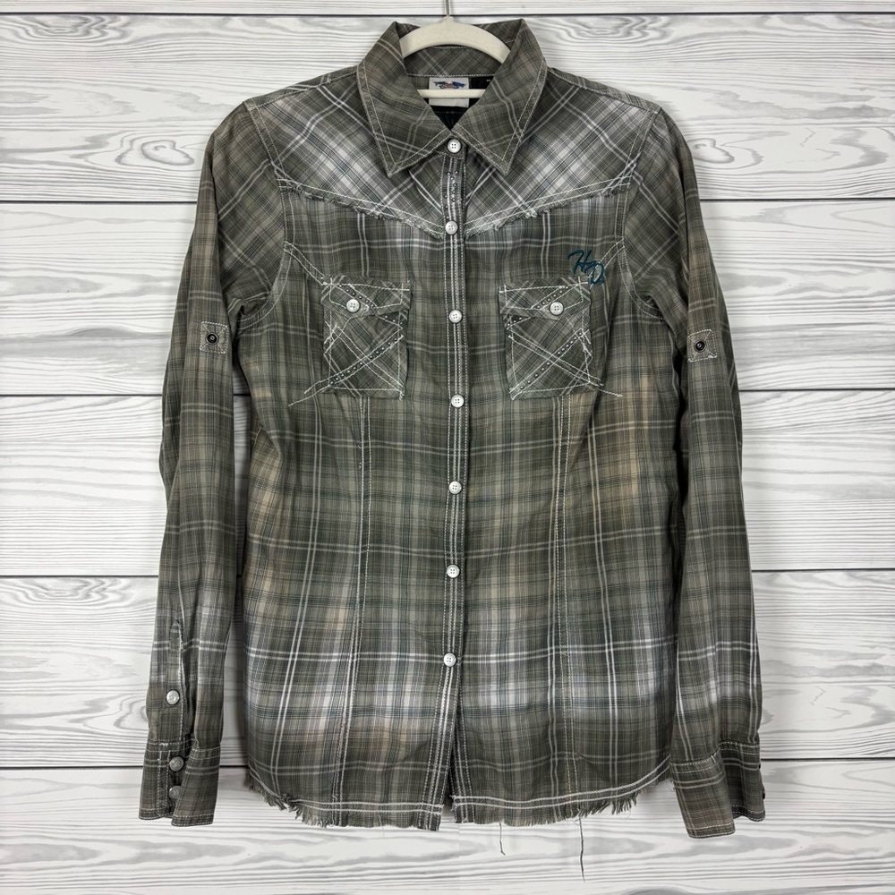 Harley-Davidson Gray Plaid Button Down Shirt Size Medium